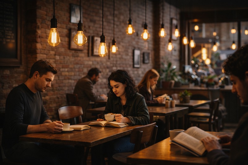 A cozy interior of a coffee shop with brick walls. Above the wooden tables hang several pendant lights with glowing amber Edison bulbs. People are reading and drinking coffee