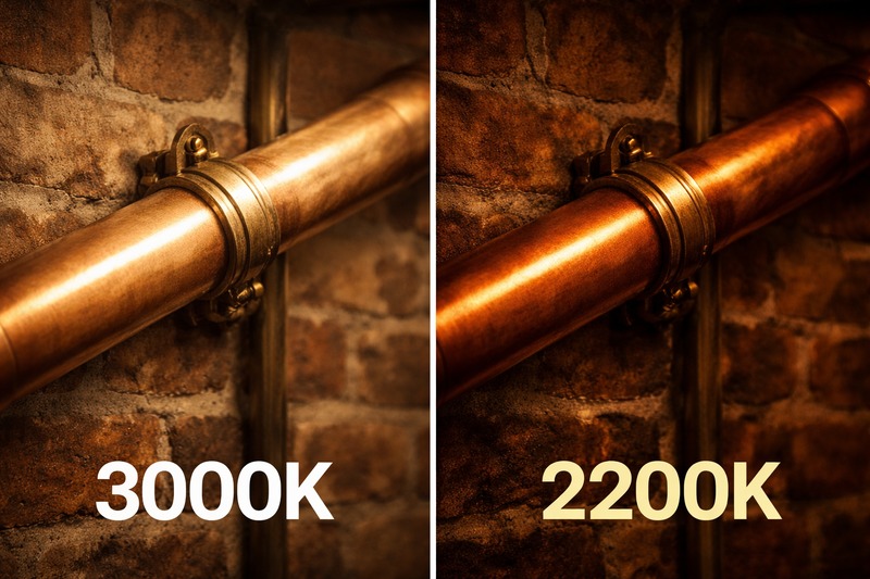 Comparison chart. Left side shows a 3000K light washing out a copper pipe. Right side shows a 2200K light making the copper glow rich and dark.