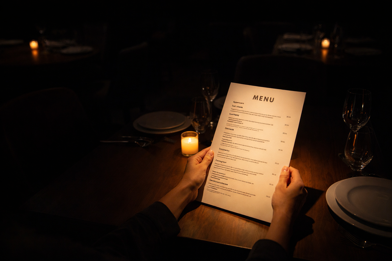 A diagram of a restaurant table. A localized cone of light hits the table center. The surrounding area is shadowed. A customer holds a menu clearly legible under the light.