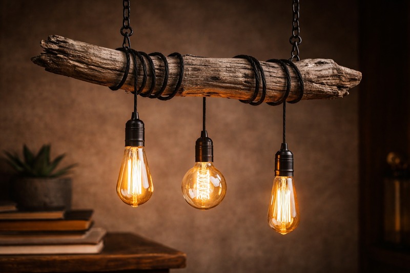 A weathered grey piece of driftwood hanging from chains. Wrapped loosely around it are three black cords ending in different shaped Edison bulbs.