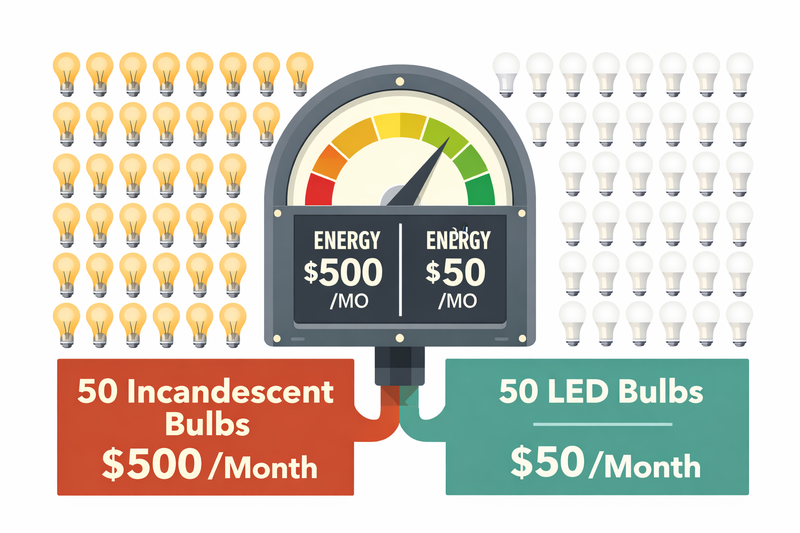 An infographic showing an energy meter. One side shows 50 incandescent bulbs costing $500/month. The other side shows 50 LED bulbs costing $50/month.