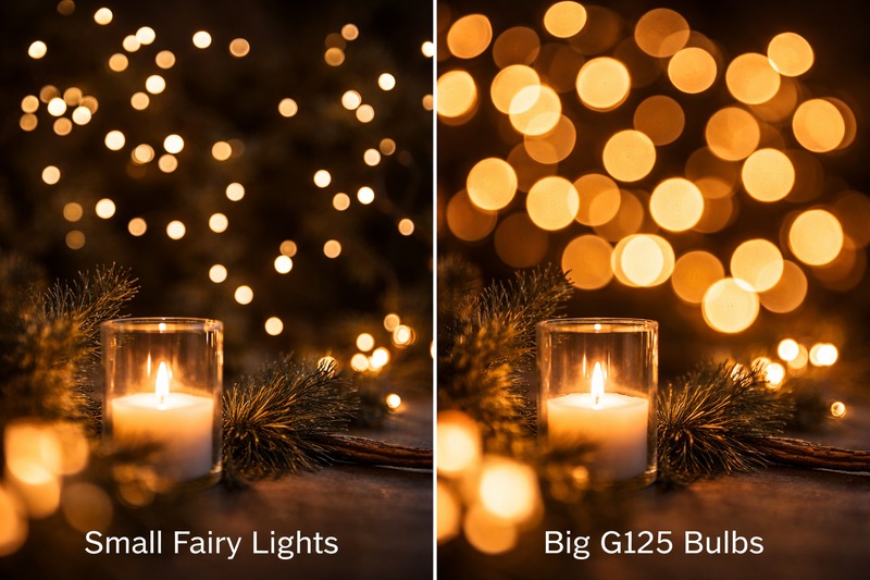The Bokeh Balls Comparison photo. Left side: Small dots of light from fairy lights. Right side: Big, luscious golden orbs from G125 bulbs in the background.