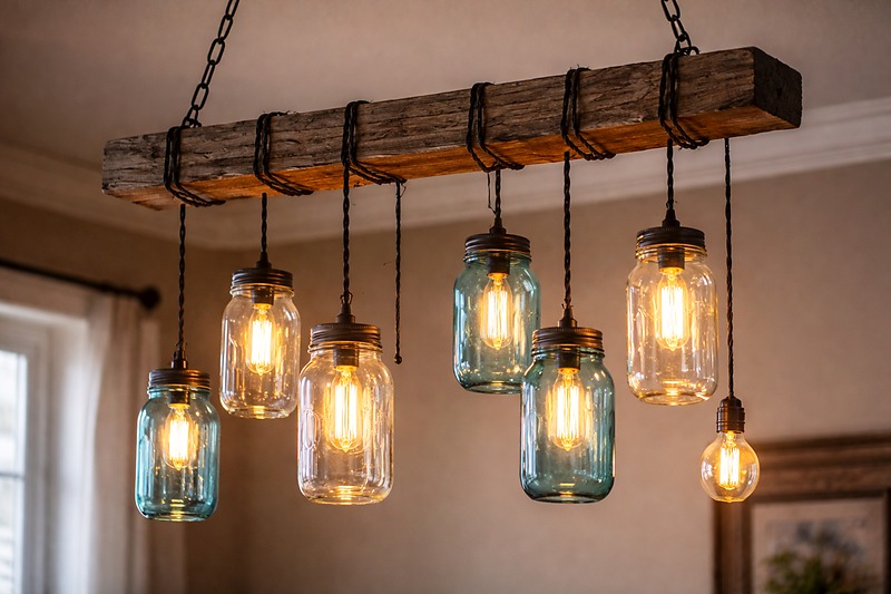 The Farmhouse Beam A linear chandelier made of a wooden beam. Wrapped around the beam are cords holding 5 Mason jars at different heights. Some jars are vintage blue, some are clear.