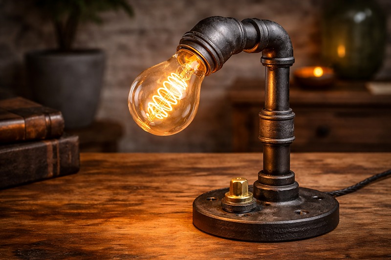 A close-up of a finished industrial pipe desk lamp sitting on a wooden table. The iron is dark and textured. A bright, spiral filament LED bulb is the centerpiece