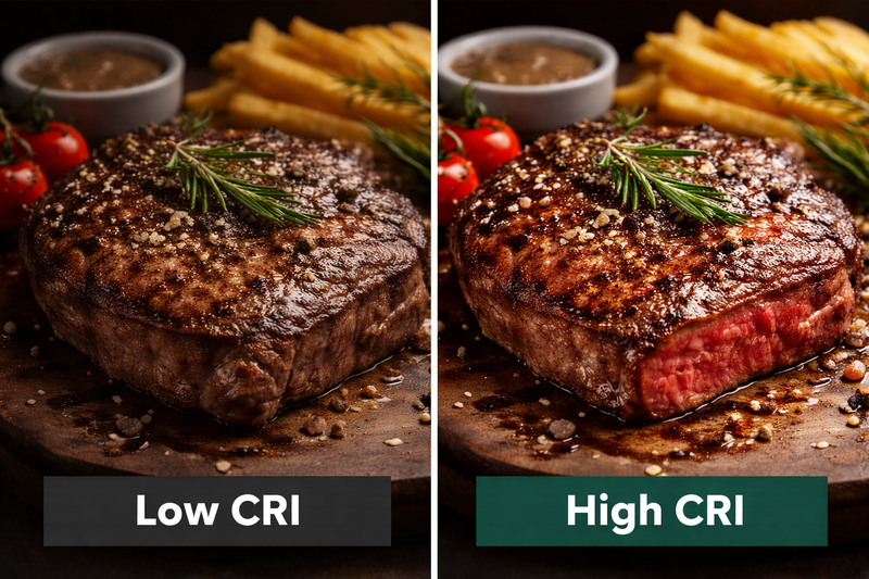 Comparison of food photography. Left: Low CRI light makes a steak look brown and dull. Right: High CRI light makes the same steak look juicy and red.
