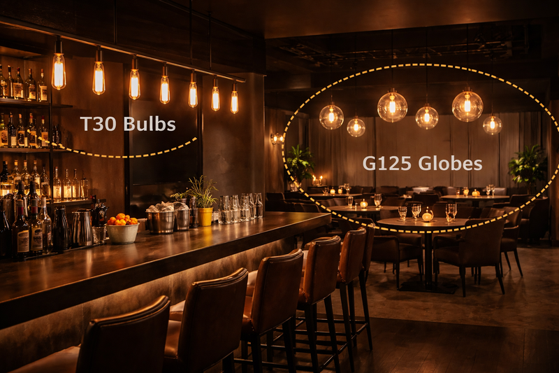 A bar counter lit by a row of long tubular T30 bulbs. In the background, round tables are lit by large G125 globes. The shapes define the zones.