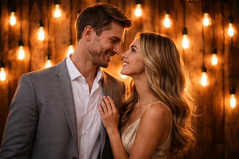 A couple posing in front of a wooden wall covered in vintage filament bulbs of different sizes. The light creates a golden halo around their hair.