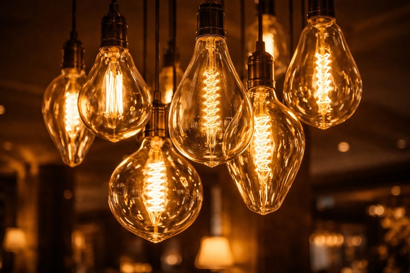 The Heart of the Hotel A close-up of a large custom fixture holding oversized, oddly shaped vintage bulbs. The filaments are intricate spirals. The light is soft and inviting.