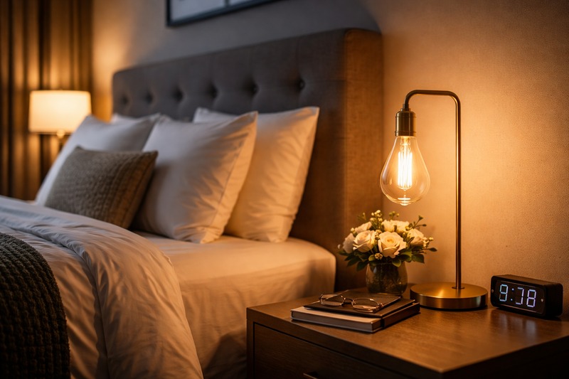 A modern hotel bedroom. On the nightstand is a minimal brass lamp with an exposed Edison bulb. The room is softly lit and inviting