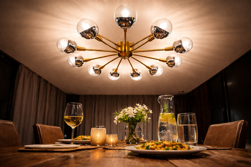 The Invisible Light Source A dining table view looking up. A chandelier with half-chrome bulbs is on. The bottom of the bulbs are silver mirrors, reflecting the table. The light glows upwards, creating no glare.
