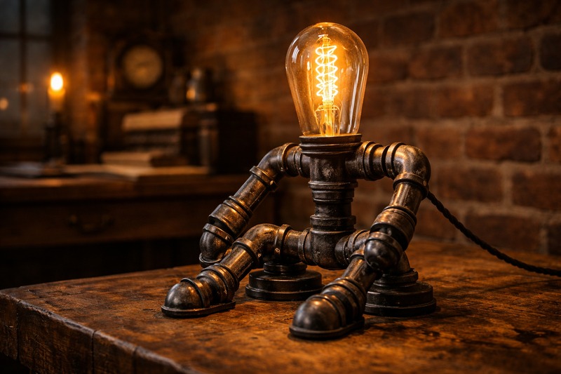 A creative desk lamp made of black iron pipes. The "head" of the robot-like lamp is a large ST64 bulb with a visible glowing filament.