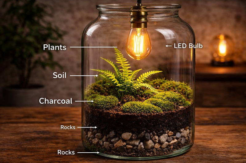 Diagram showing a large glass wide-mouth vase. At the bottom: layers of rocks, charcoal, soil, and plants. Hanging from the top: a cord with an LED bulb suspended in the middle air space.