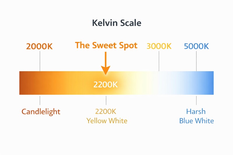 A chart showing the Kelvin scale. 2000K is orange candlelight, 3000K is yellow white, 5000K is harsh blue white. An arrow points to 2200K labeled 'The Sweet Spot'.