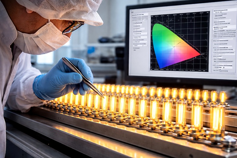 A close-up of a worker in a factory inspecting a row of lit LED filaments. A computer screen in the background shows a chromaticity diagram with color coordinates. The environment is clean and technical