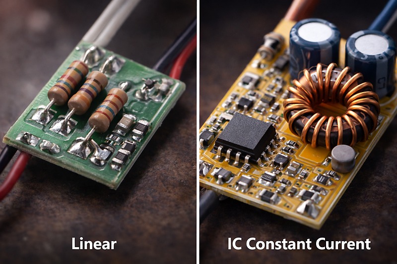 The Hardware Difference Macro shot of two different driver boards. The 'Linear' one has just a few resistors. The 'IC Constant Current' one is densely packed with a black chip, a copper coil, and capacitors.