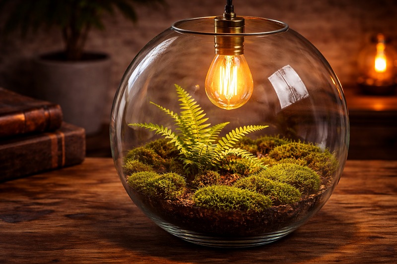 A large globe-shaped glass container. Inside, there is green moss and a small fern. suspended above it, inside the same glass, is a glowing LED filament bulb, illuminating the plants.