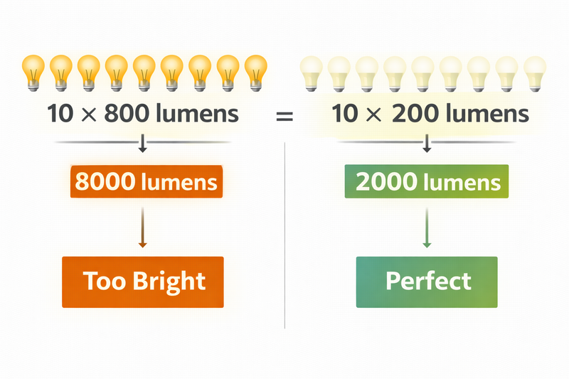 The Lumen Equation Infographic showing math. 10 bulbs x 800 lumens = 8000 lumens (Too Bright). 10 bulbs x 200 lumens = 2000 lumens (Perfect).