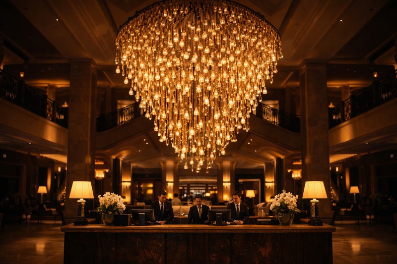 The First Impression A luxurious hotel lobby with a high ceiling. A massive chandelier made of hundreds of glowing glass drops and vintage bulbs hangs in the center, casting a warm golden light on the check-in desk.