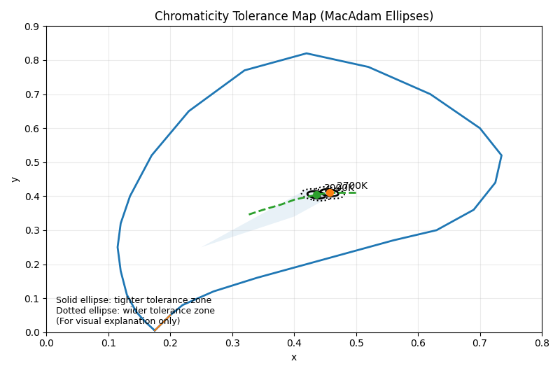 A chromaticity diagram showing the white light region. Small oval shapes (ellipses) are drawn around specific color points like 2700K and 3000K. This visually explains the tolerance zones.