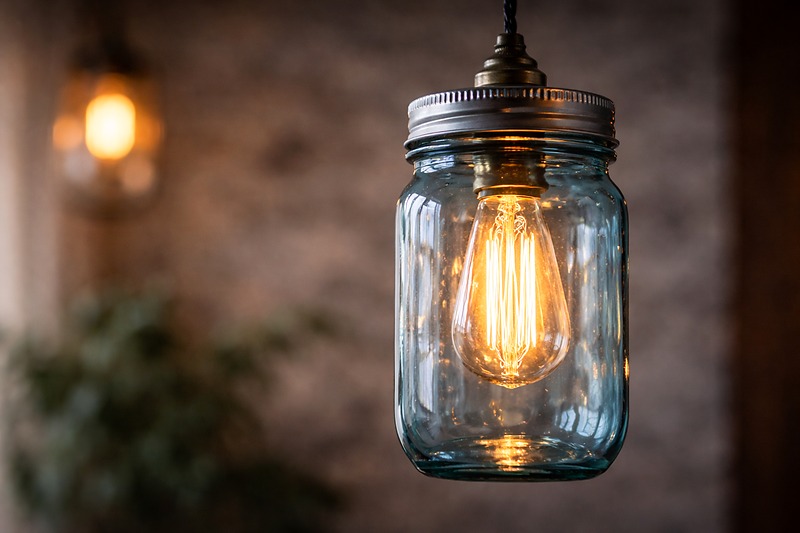 A close-up of a blue-tinted mason jar hanging from a twisted black cord. Inside, a warm filament bulb is glowing. The lid has holes punched in it.