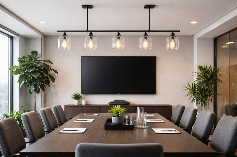 Smart Placement A meeting room with a long table. Above the table is a linear fixture with clear glass shades housing Edison bulbs. The light does not hit the wall-mounted TV.