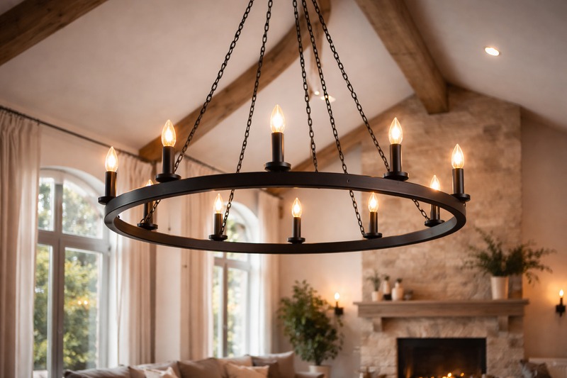 The Modern Castle A large black metal ring hanging from chains. Spaced evenly around the ring are 8 glowing candle-shaped bulbs sticking upwards.