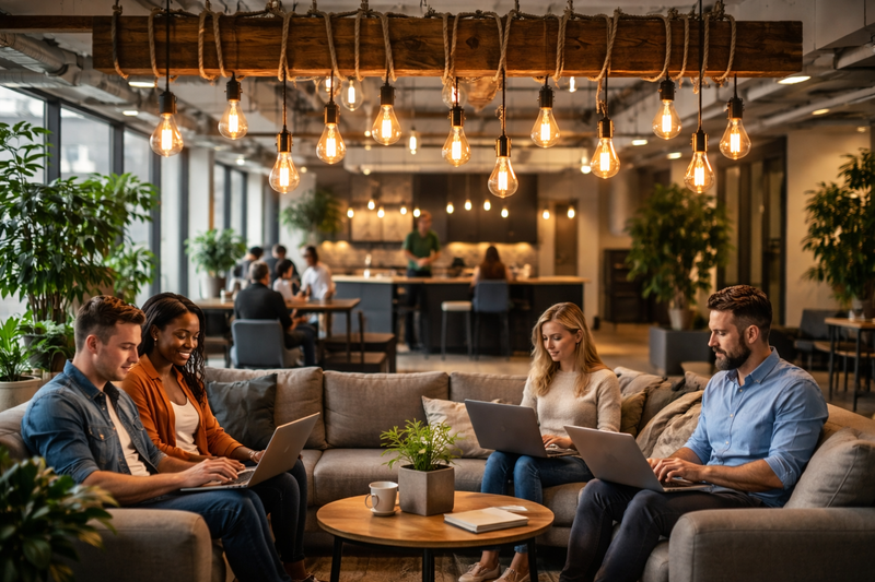 The Creative Spark A modern open-plan office lounge. Employees are sitting on sofas with laptops. Above them hangs a rustic wooden beam with wrapped cords and glowing Edison bulbs.