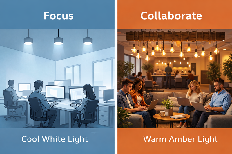 Zone Your Energy A split diagram of an office. Left side: Desks with cool white light (Focus). Right side: Sofas with warm amber Edison bulbs (Collaborate).