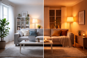 A living room split down the middle. Left side is bright white for working. Right side is warm amber for reading