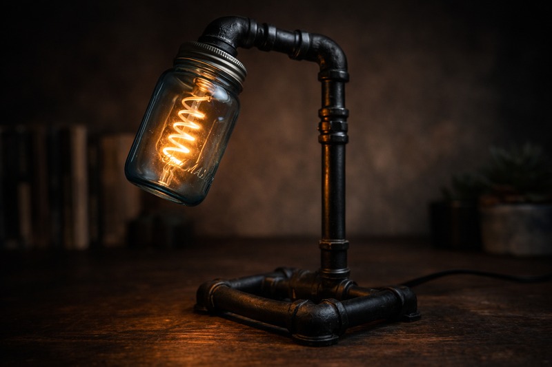 The Plumber's Light A desk lamp made of black iron pipes. The 'head' of the lamp is a blue tint Mason jar. Inside glistens a spiral filament LED bulb.