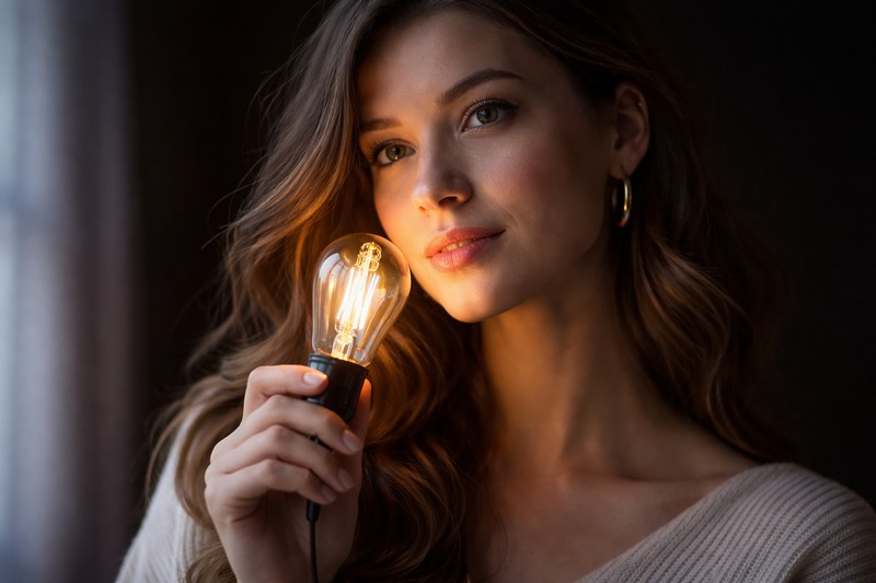 The Mood Setter A portrait of a woman holding a glowing light bulb near her face. Her face is lit by soft window light, but the bulb adds a warm magical glow to her cheek. The background is dark.