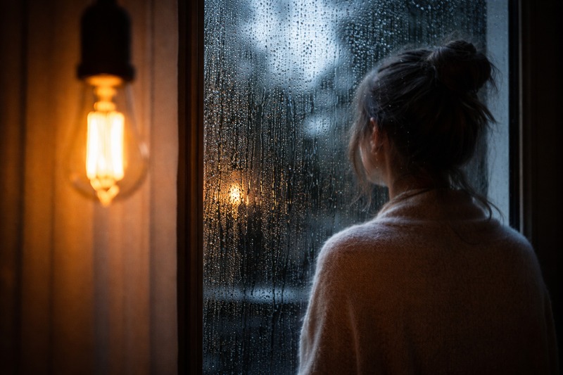 The Depth Creator A cinematic shot of a rainy window. In the foreground, out of focus, is an amber Edison bulb. In the background, in focus, is a person looking out the window.