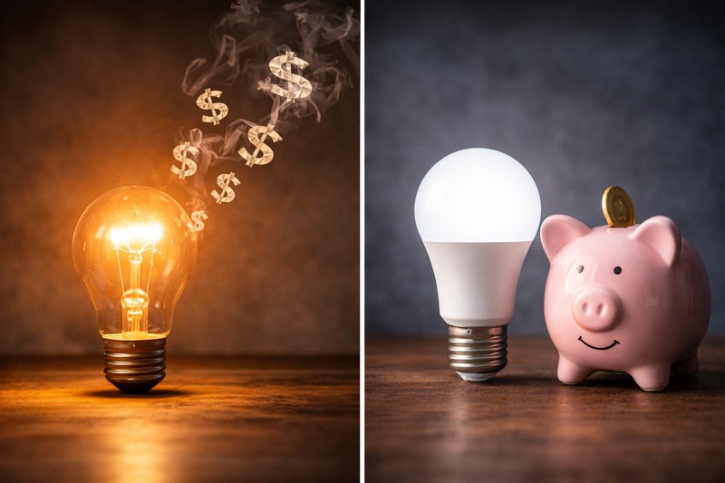Comparison graphic. Left side: An old hot bulb with dollar signs flying away. Right side: A cool LED bulb with a piggy bank.