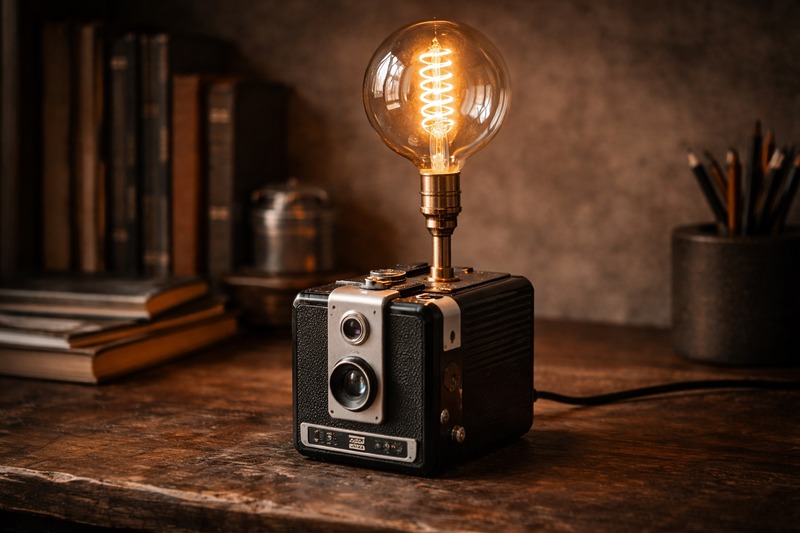 The Flashbulb Effect A vintage Kodak box camera sitting on a desk. Rising from the top is a brass rod holding a large G95 bulb. It looks like a retro flash unit.