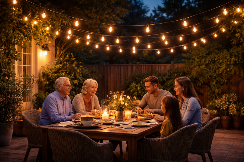 A backyard patio at twilight. Overhead, zig-zagging strings of warm S14 filament bulbs glow. Underneath, a family is eating dinner. The atmosphere is warm and inviting