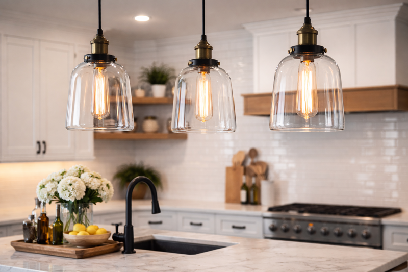 A kitchen island lit by three clear glass bell jars. Inside each jar is a long tubular Edison bulb. The glass reflects the light slightly but hides nothing