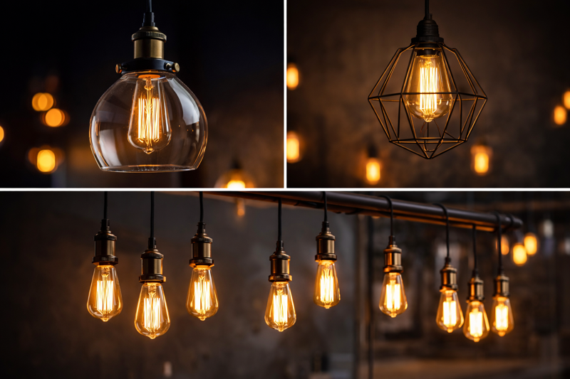 A collage of lighting fixtures. Top left: Clear glass pendant. Top right: Wire cage geometric shade. Bottom: Exposed socket chandelier. All feature glowing Edison bulbs.