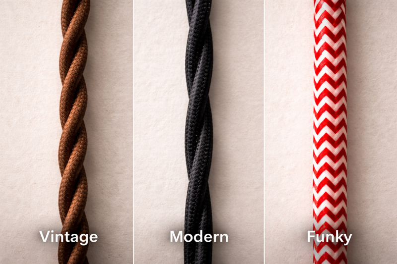 The Cord is the Stem Close up of three different electrical cords. Left: Twisted brown fabric (Vintage). Center: Smooth black shiny fabric (Modern). Right: Red and white zigzag fabric (Funky).