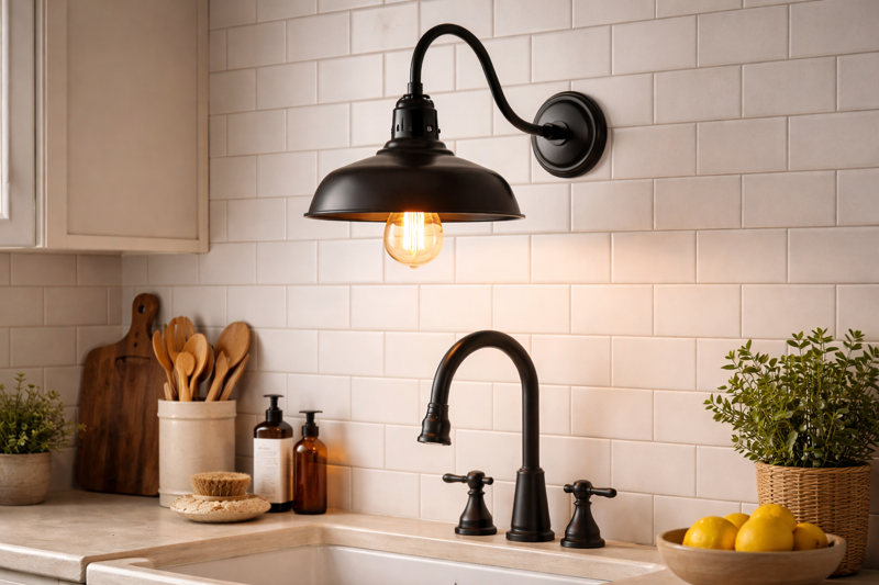 A classic black gooseneck barn light mounted above a kitchen sink. The arm curves gracefully. An ST64 bulb peeks out from the wide metal shade.
