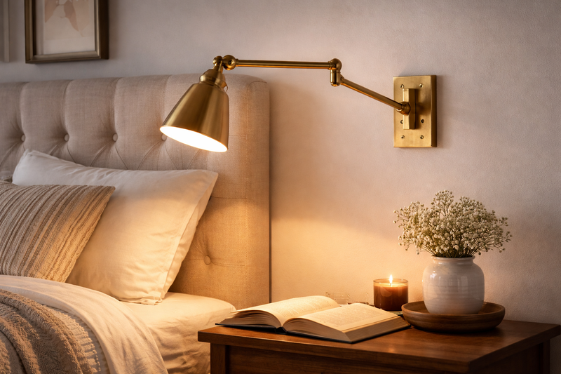 A bedroom setting. A brass swing arm lamp is mounted next to the headboard. The user has pulled the arm out to hover over their book.