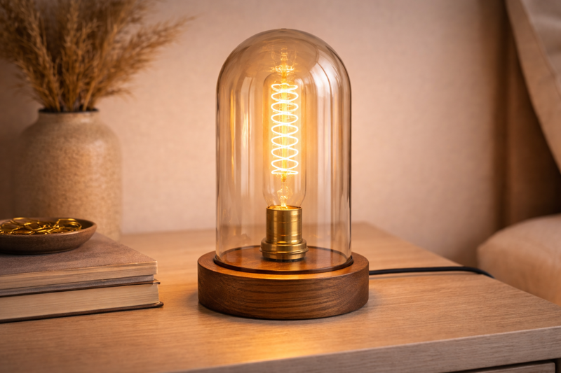 A glass cloche (bell jar) sitting on a wooden base. Inside the glass is an upright tubular filament bulb. The glass reflects the glowing filaments, doubling the visual effect.