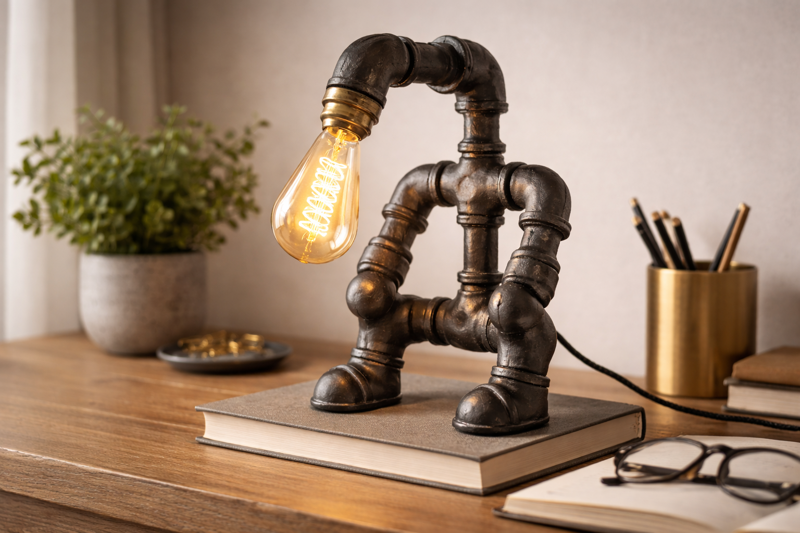 A desk lamp made of black iron pipes. It looks like a robot or a periscope. The bulb hangs from the 'head' of the pipe structure.