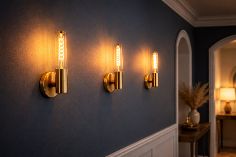 A hallway wall featuring three identical brass wall sconces. They are simple, thread-less sockets holding tubular T30 bulbs vertically. The light casts a soft glow against the dark blue paint.
