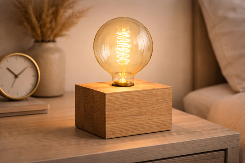 A bedside table. A simple block of oak wood sits on it. A large, glowing G95 vintage bulb screws directly into the wood. No shade. The light is warm and amber