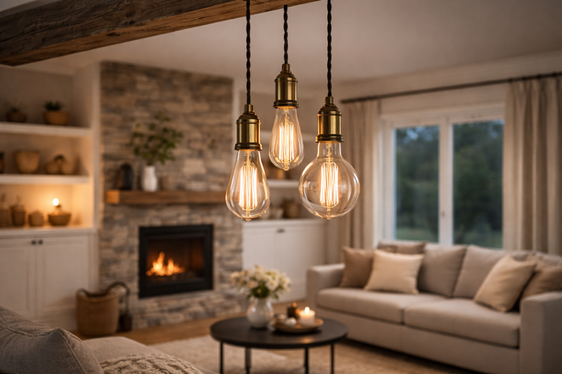 A modern living room featuring a cluster of three different shaped Edison bulbs hanging at different heights from a wooden beam. The cords are twisted black fabric. The light is warm and cozy