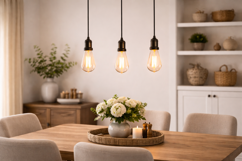 The Power of Odd Numbers Diagram showing the "Rule of Three." Three ST64 bulbs hang at slightly staggered heights over a dining table. The spacing is even. The visual balance is perfect.