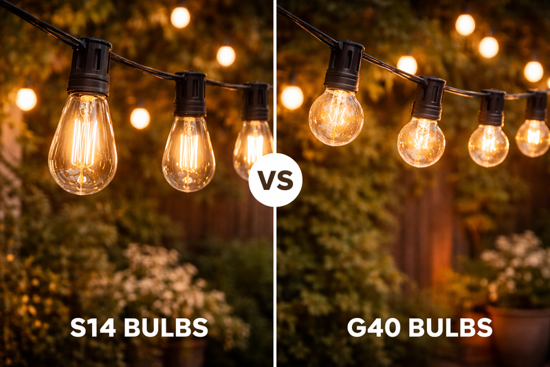 Comparison image. On the left, a string of tear-drop shaped S14 bulbs. On the right, a string of ping-pong ball sized G40 bulbs. Both are glowing warm white.