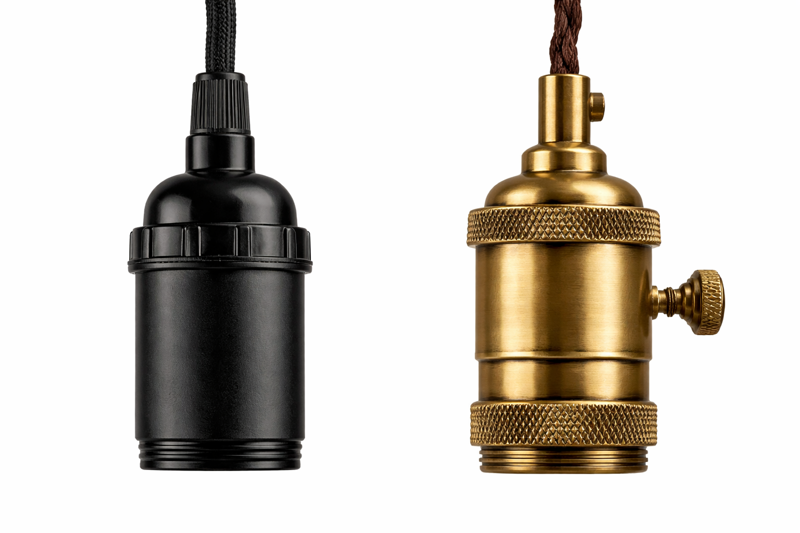 The Finishing Touch Comparison of sockets. Left: Cheap black plastic. Right: Heavy Knurled Brass socket with a rotary switch. The difference in quality is obvious.