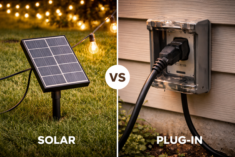 A solar panel staked into the grass connected to a string of lights. Next to it, a heavy-duty plug going into an outdoor outlet.
