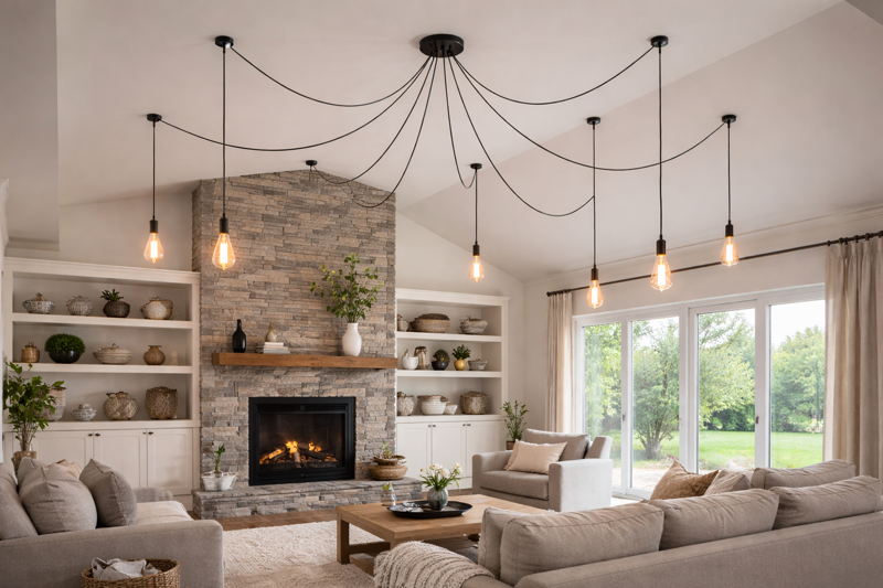 A high-ceiling living room. A "Spider" fixture with black cords draped to different hooks creates a wide web of light. 8 ST64 bulbs hang at varying heights.